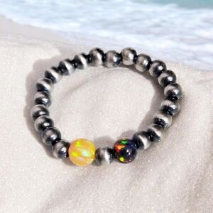 DESERT PEARL AND AURORA OPAL STRETCH RING 925 STERLING SILVER SIZE 7 - 9